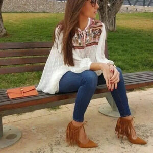 Zara Womens 38 Suede Leather Fringe Cowgirl Heel  Shoes